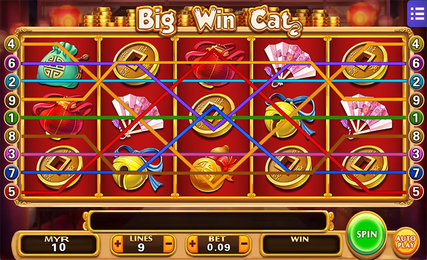 MG888H52 Big Win Cat slot screenshot with festive red design and 9 paylines