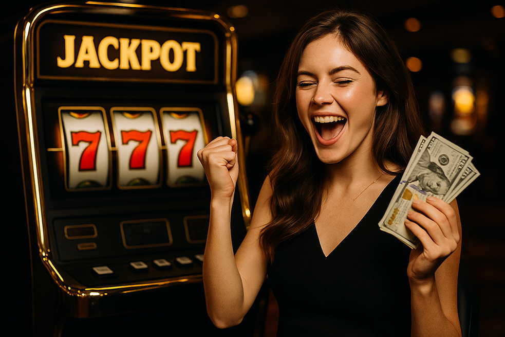 A player winning big using free slot credit on an online slot machine
