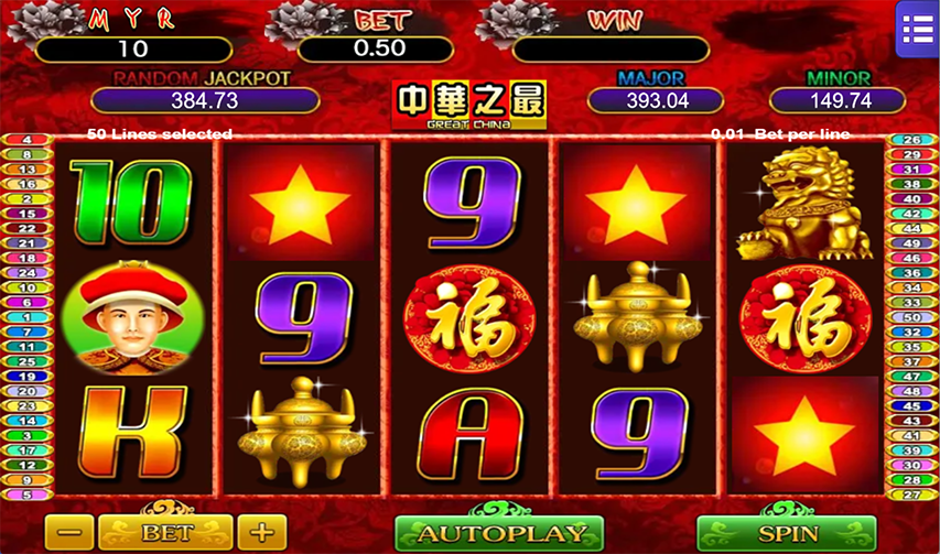 Mega888 JAPAN slot gameplay screenshot showing red and gold China-style reels with 50 paylines