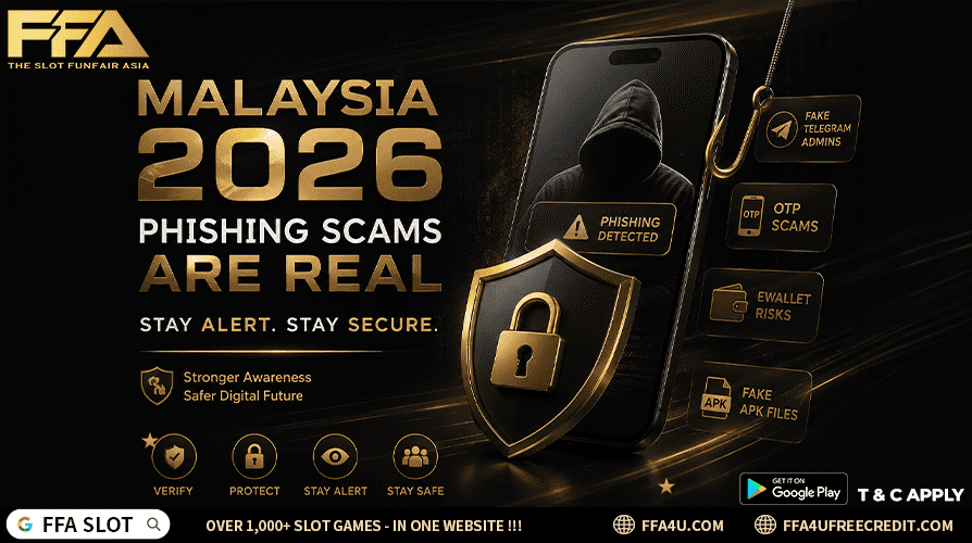 Malaysia phishing scam prevention guide 2026 showing fake APK risks, OTP scams, fake Telegram admins, eWallet security threats and cybersecurity awareness for digital entertainment users