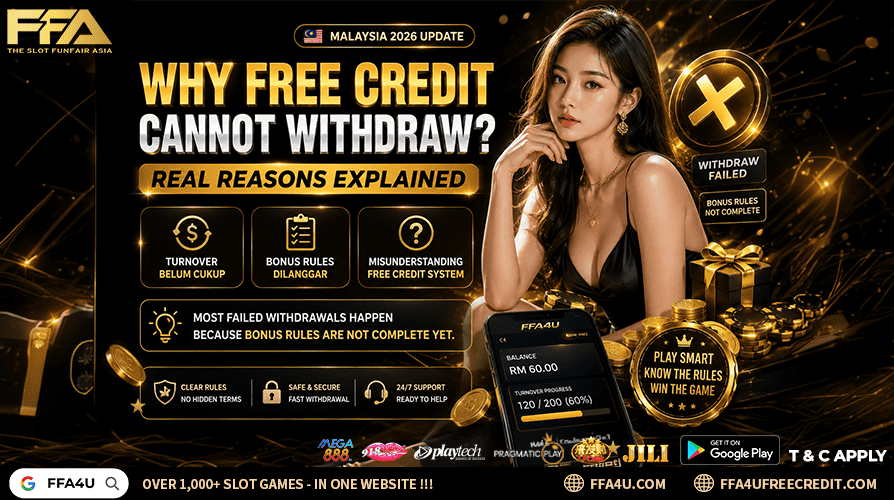 why free credit cannot withdraw in Malaysia 2026 guide explaining turnover rules, bonus restrictions, failed withdrawals and common player mistakes