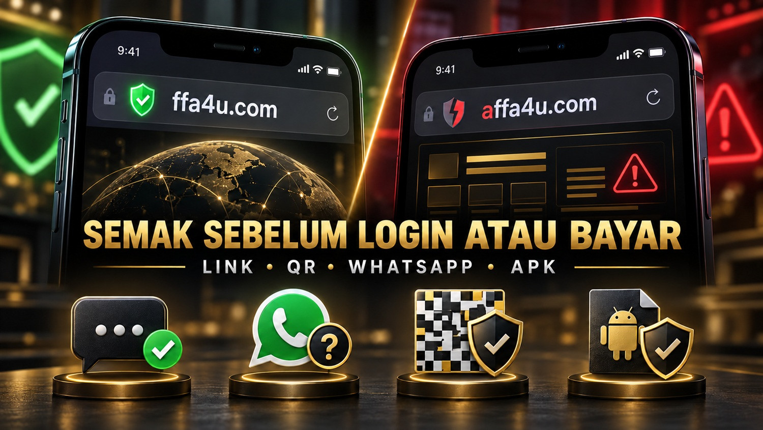 Panduan keselamatan FFA4U membandingkan domain rasmi ffa4u.com dengan laman tiruan, serta amaran fake WhatsApp, QR deposit dan APK Android