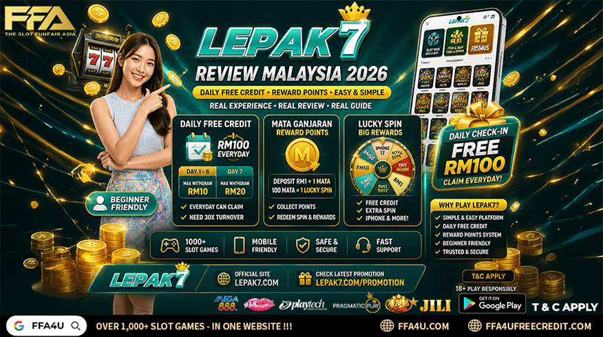 Lepak7 review Malaysia 2026 explaining daily free credit RM100, 30x turnover, Mata Ganjaran reward points, Lucky Spin and beginner friendly slot gameplay flow