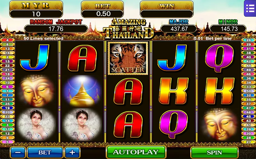 Mega888 Amazing Thailand slot screenshot with temple symbols, tiger scatter and 50 lines