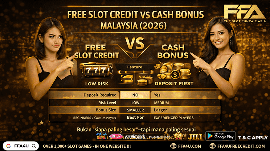 free slot credit vs cash bonus malaysia 2026 - comparison of deposit required risk level bonus size turnover impact and which bonus suits beginners vs experienced players (FFA4U)