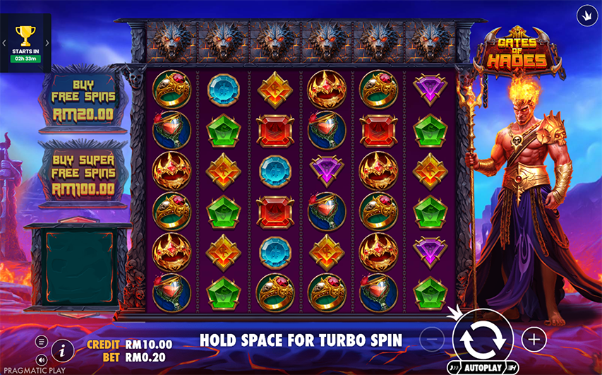 Pragmatic Play Gates of Hades slot screenshot with buy free spins and dark mythological symbols
