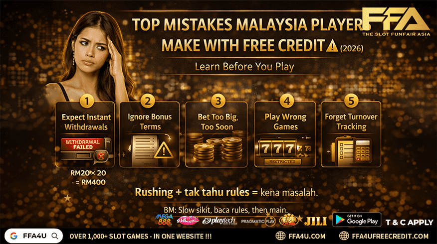 free slot credit mistakes malaysia 2026 - common errors like skipping terms betting too big wrong games not tracking turnover and multiple accounts that lead to failed withdrawals (FFA4U)