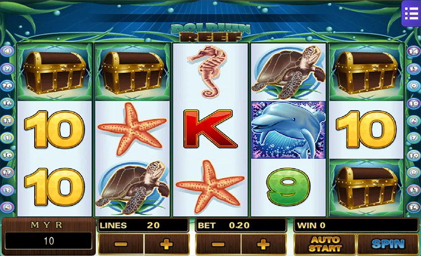 MG888H52 Dolphin Reef slot screenshot with underwater symbols and 20 paylines
