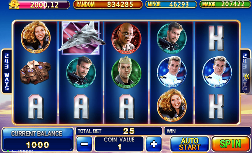 KISS918 TopGun slot screenshot with 243 ways system, jet fighter, and character symbols