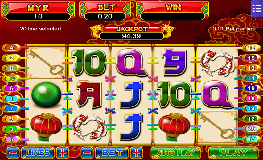 KISS918 Dragon Gold slot screenshot with 20 paylines and classic red Chinese symbols