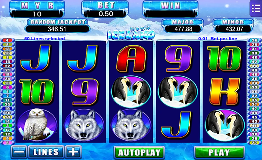 PSYH5 IceLand slot screenshot with arctic animal symbols and 50 paylines
